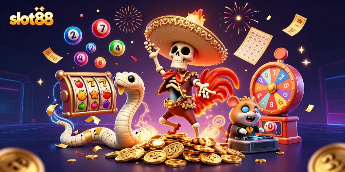 Slot88 menampilkan ayam mariachi skeleton di tumpukan koin emas, dikelilingi elemen permainan slot.