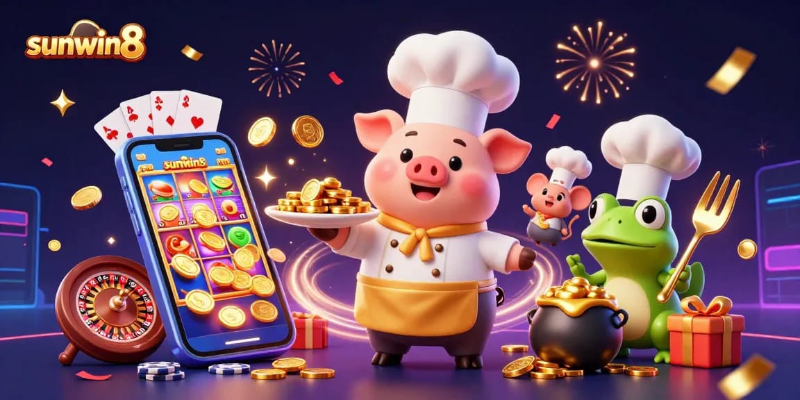 Experience sunwin8 with an exciting scene of a chef pig serving golden coins, capturing vibrant casino action.