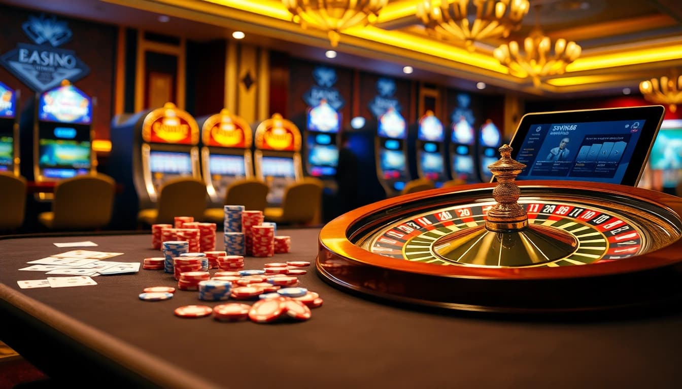 Engage in thrilling gambling action at 33WIN68 with poker chips and a vibrant roulette wheel.