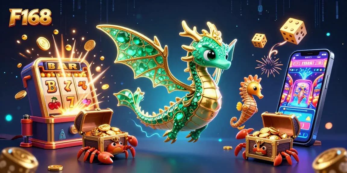 Experience the thrill of F168 with a vibrant scene of slots, a sea dragon, treasures, and more!