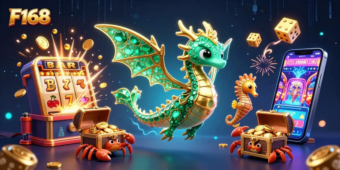 Experience the thrill of F168 with a vibrant scene of slots, a sea dragon, treasures, and more!