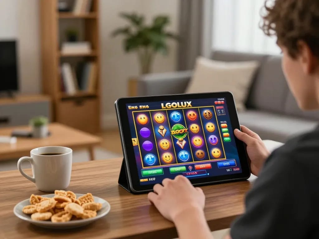 Player enjoying LGOLUX slot games on tablet in cozy home setting, highlighting strategic gameplay