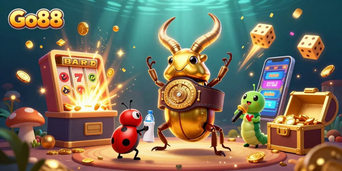 Experience the thrill of Go88 as giant characters celebrate a jackpot explosion in vibrant casino colors.