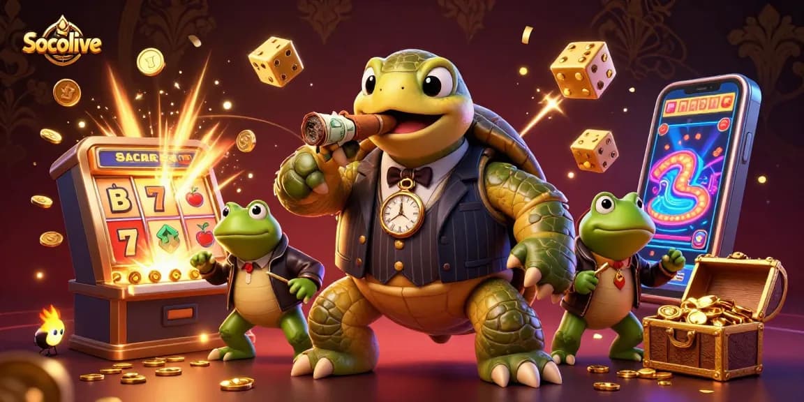 Socolive hosts a dynamic 3D casino scene featuring a snapping turtle mobster, showcasing exciting slot machine action.