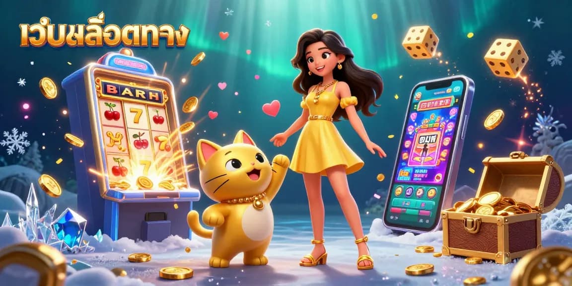 Play slots like เว็บสล็อตตรง with a cheerful woman and a lucky cat amidst vibrant casino graphics.