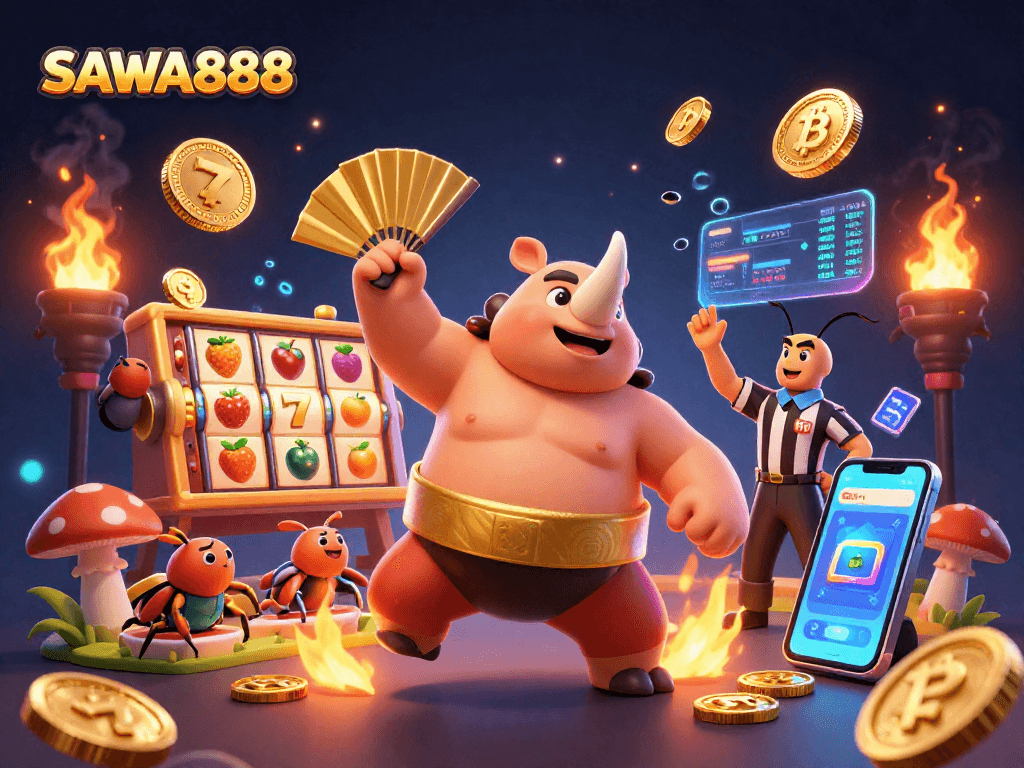 Experience thrilling gameplay at SAWA888, a vibrant casino scene with a beetle sumo champion amidst flying coins and slot reels.
