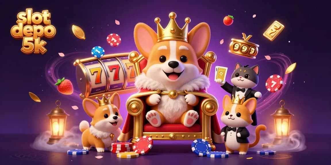 Experience the excitement of slot depo 5k with a corgi crowned and surrounded by slot reels and lucky symbols.