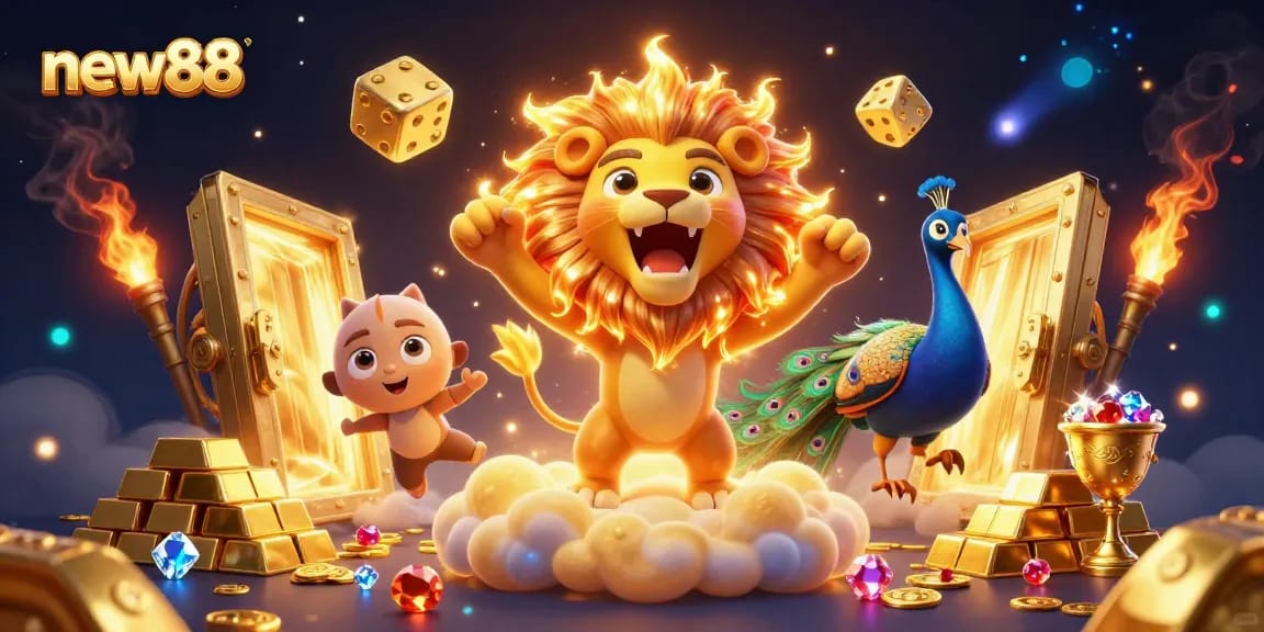 Win big at new88 with the excitement of online gambling illustrated by a vibrant 3D scene.