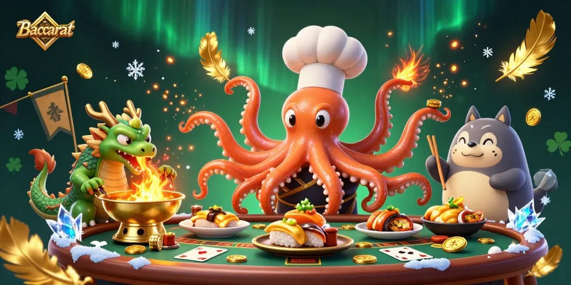 Baccarat scene with a colorful cartoon octopus chef, dragon, and tanuki at a casino table ensuring thrilling gameplay.