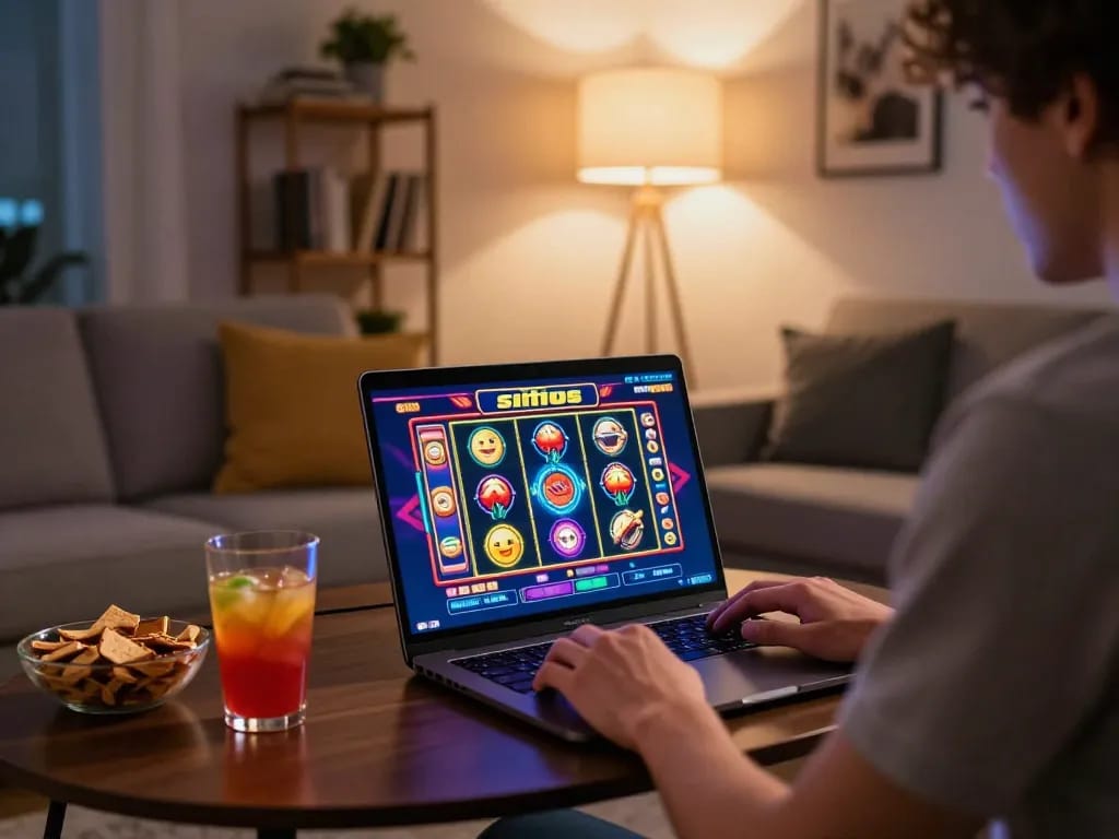 Engaging in situs slot gameplay on a laptop in a cozy home setting with snacks and drinks.