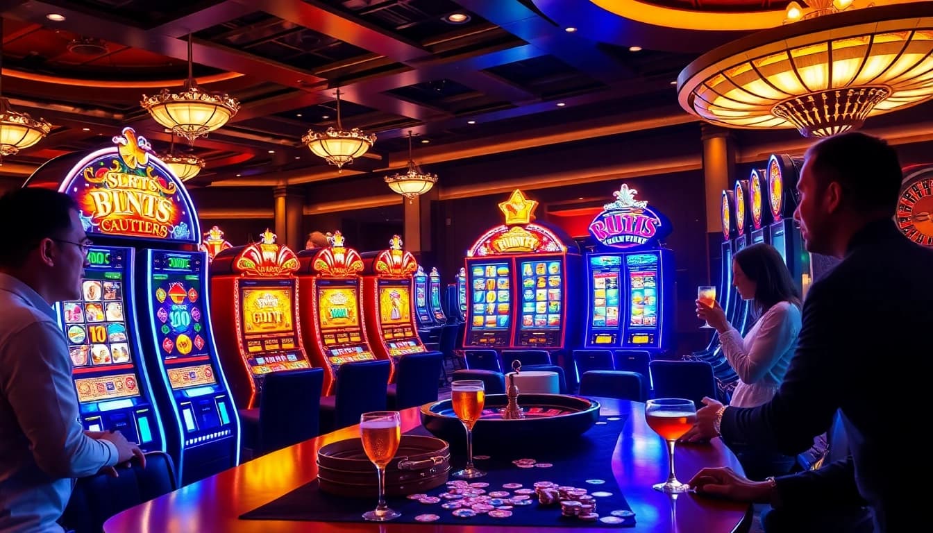 Players enjoying the excitement of slots777 at a vibrant casino with colorful slot machines.