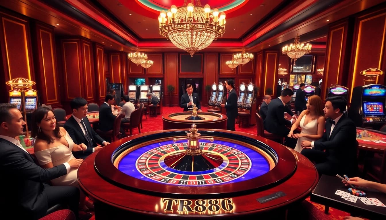 Experience excitement at TR88 with vibrant casino tables and players engaged in thrilling games.