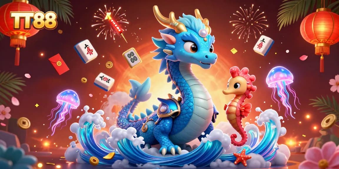 Experience the excitement of TT88 as the azure dragon and seahorse knight explore vibrant gaming elements.