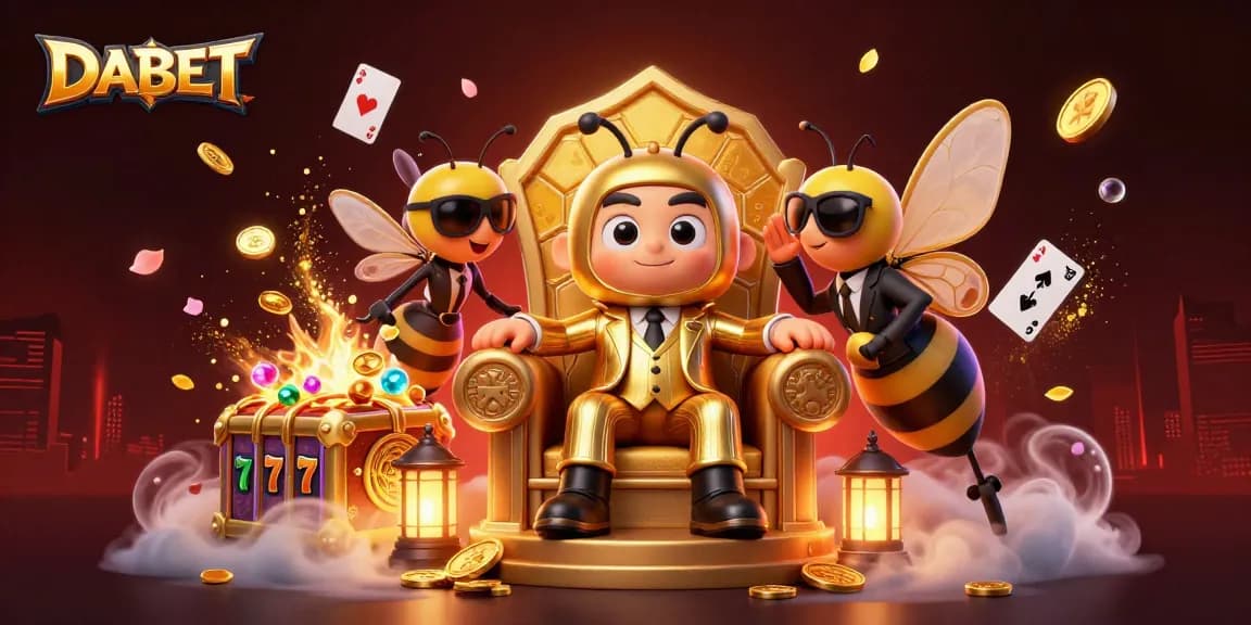 DABET showcases a bumblebee mob boss amidst vibrant casino elements and a lively atmosphere.