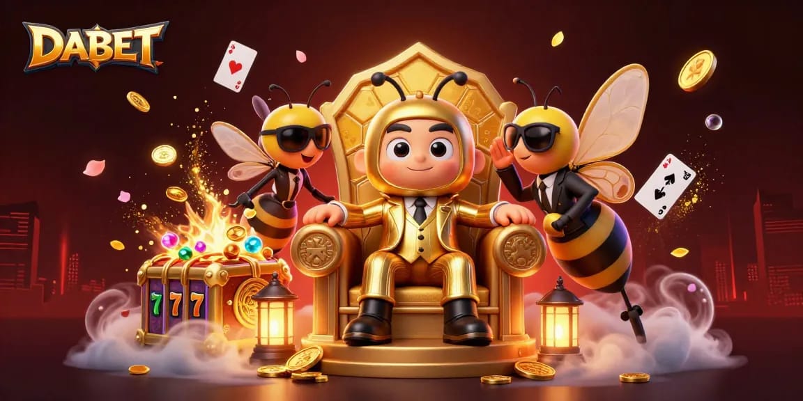 DABET showcases a bumblebee mob boss amidst vibrant casino elements and a lively atmosphere.