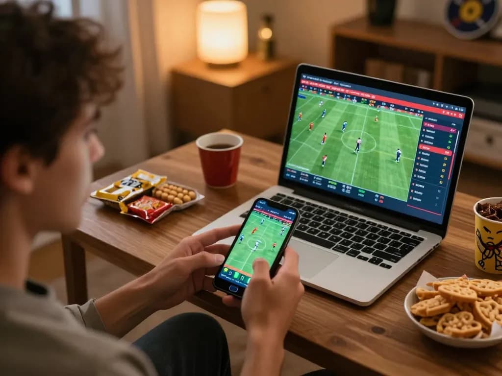 KQBD sports betting enthusiast placing bets on a smartphone, surrounded by a cozy atmosphere.