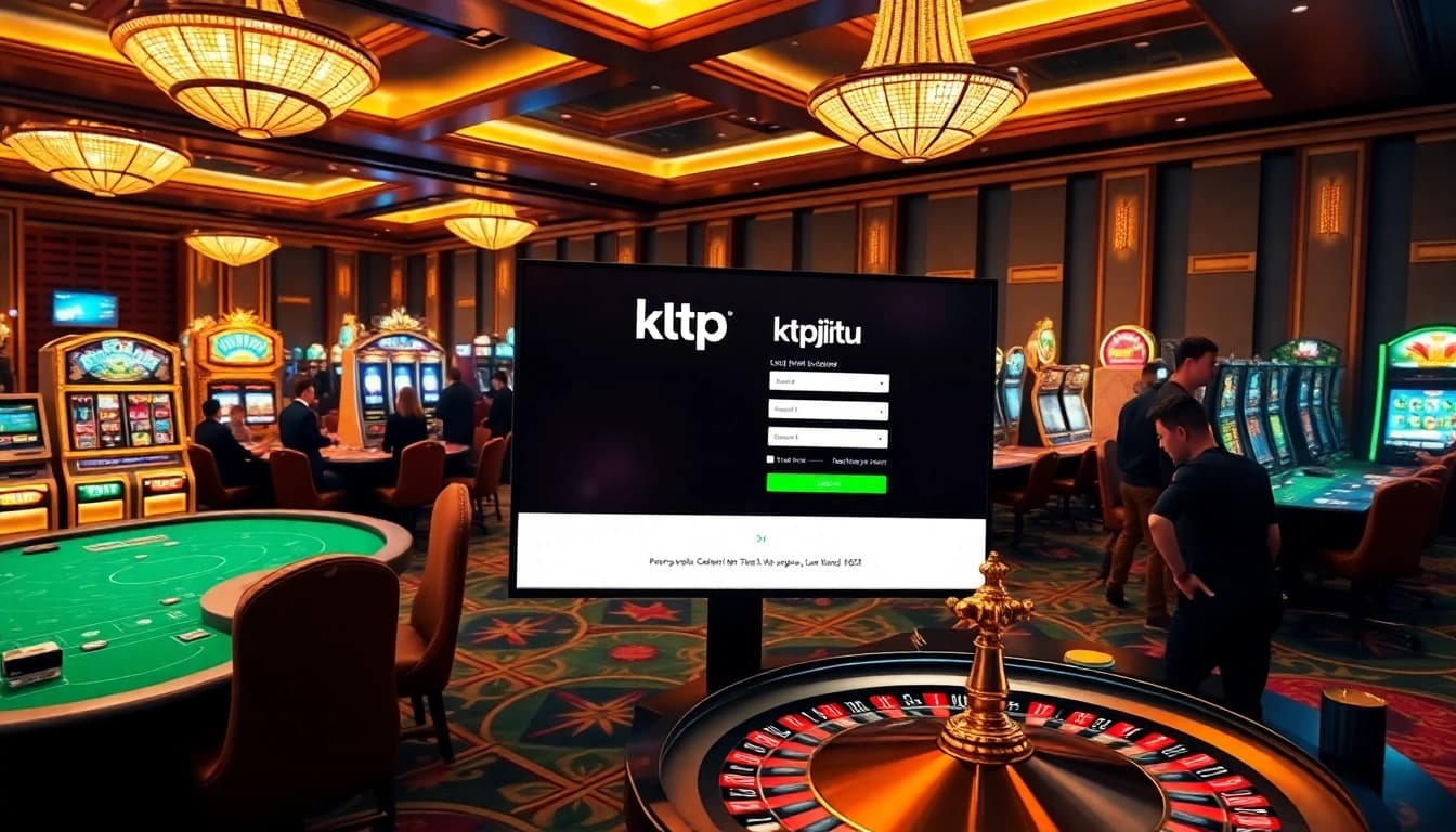 KTPJITU login interface at an elegant casino scene with vibrant slot machines and poker tables.