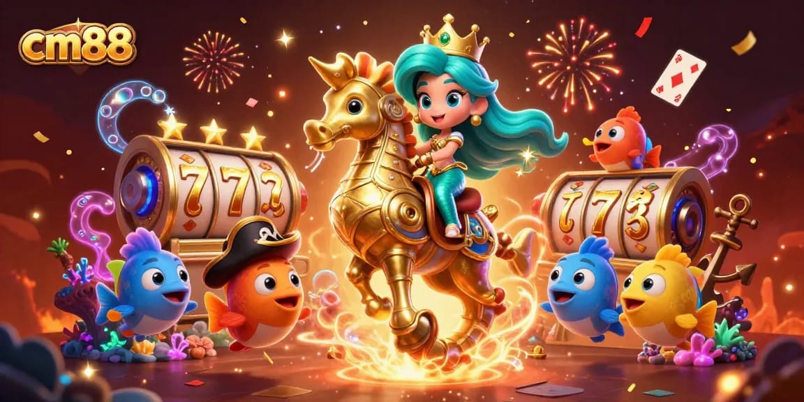 Engage in thrilling slots action at cm88 with a vibrant underwater scene featuring a mermaid princess and seahorse.