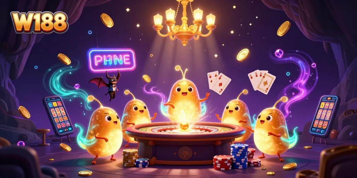 W188 illuminates the cave casino with colorful glowworms and dynamic gambling elements, creating a thrilling atmosphere.