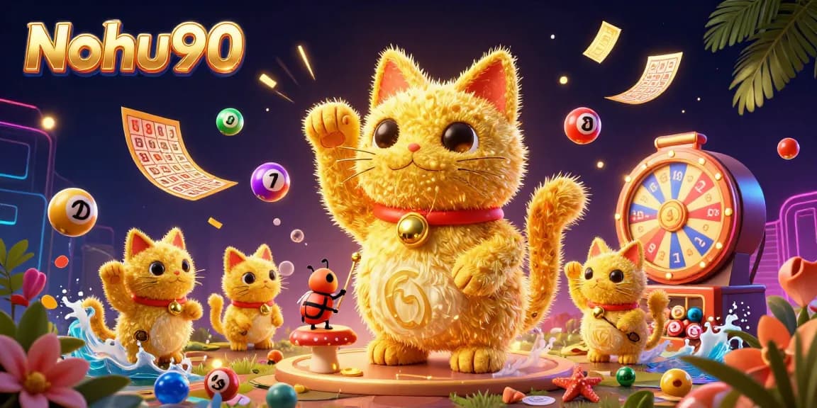 Nohu90 offers a vibrant 3D casino atmosphere with golden fireflies and dynamic game elements.