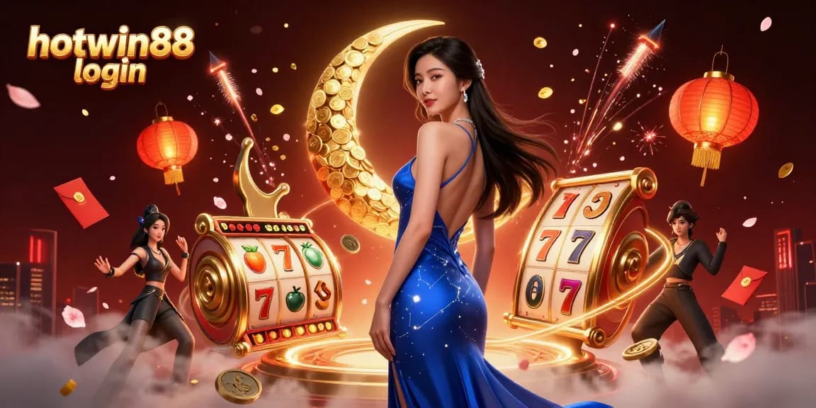 Experience seamless gameplay with hotwin88 login, featuring a vibrant casino scene with slot reels and festive elements.