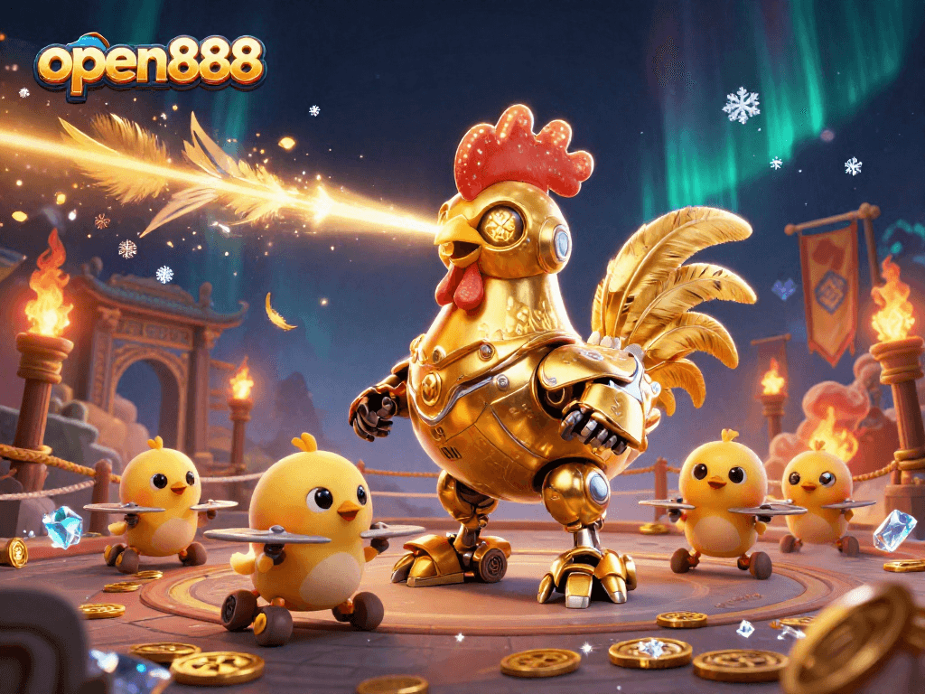 Watch the futuristic golden rooster robot engage in thrilling action, showcasing open888 excitement and adventure.