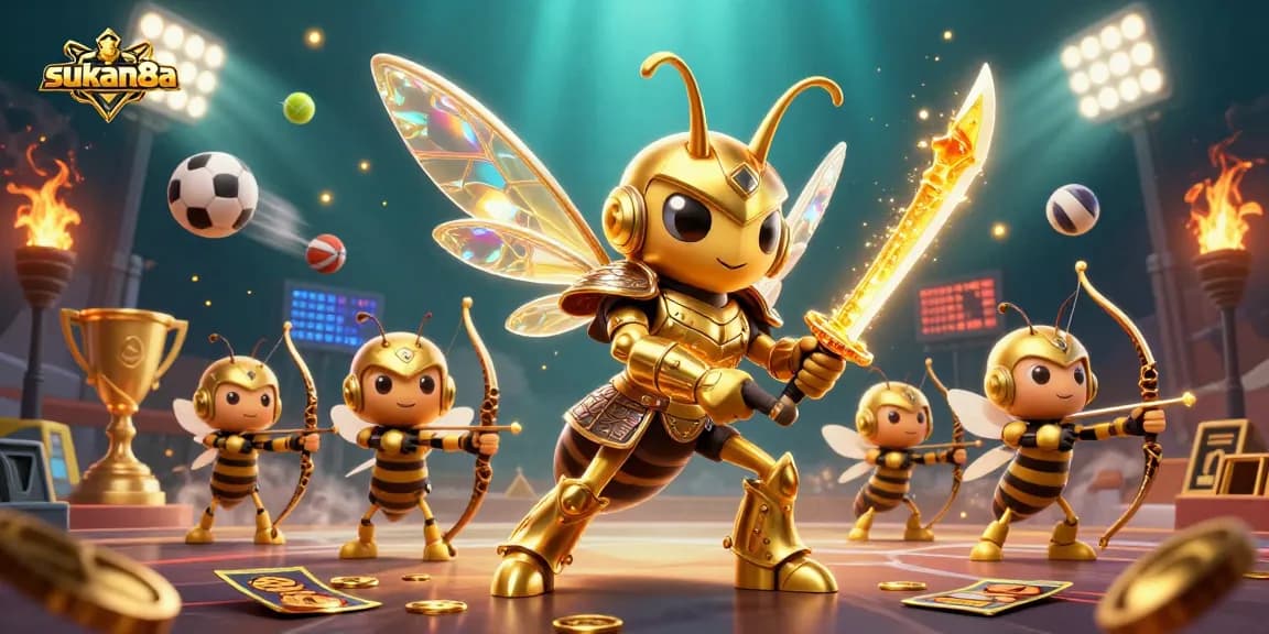 Sukan8a showcases a vibrant 3D depiction of a golden hornet in samurai armor leading engaging sports betting action.