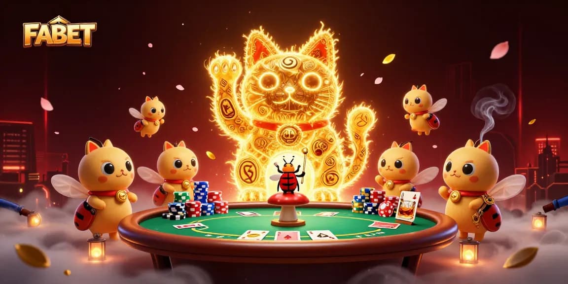 Engage with the FABET lucky cat illustration at a vibrant poker scene for an unforgettable gaming experience.