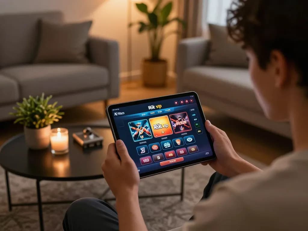 Engaging in strategic Rik vip online gambling at home with tablet and cozy ambiance.