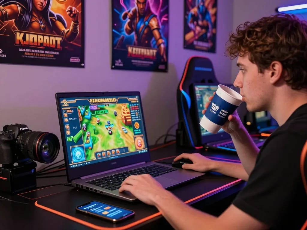 Player enjoying kerajaanslot on a vibrant gaming setup, immersed in online gaming.