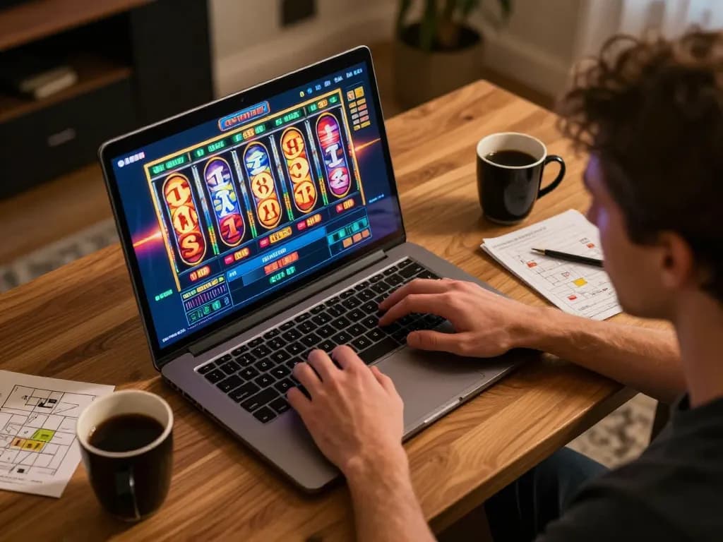 Player enjoying situs slot gacor online casino gaming on a laptop in a cozy home setting