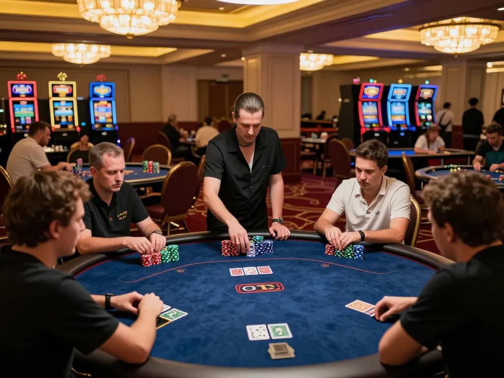 Engaging in strategic poker gameplay at n188 com's upscale casino tables, featuring colorful chips and intense players.