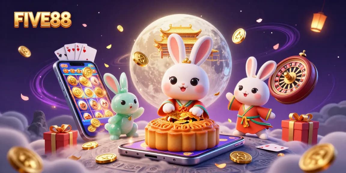 Engage with FIVE88's exciting slot games featuring a moon rabbit and golden treasures.