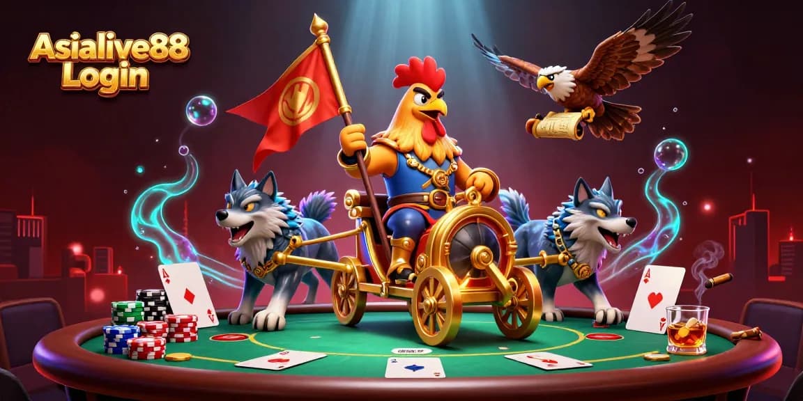 Experience Asialive88 Login featuring a cartoon rooster warlord and poker elements in a dynamic casino scene.