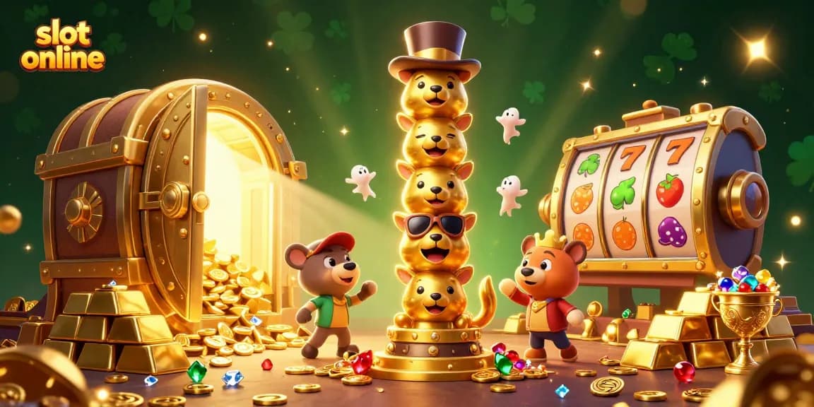 Spin the reels in a vibrant scene showcasing slot online excitement with totem pole characters and treasure.