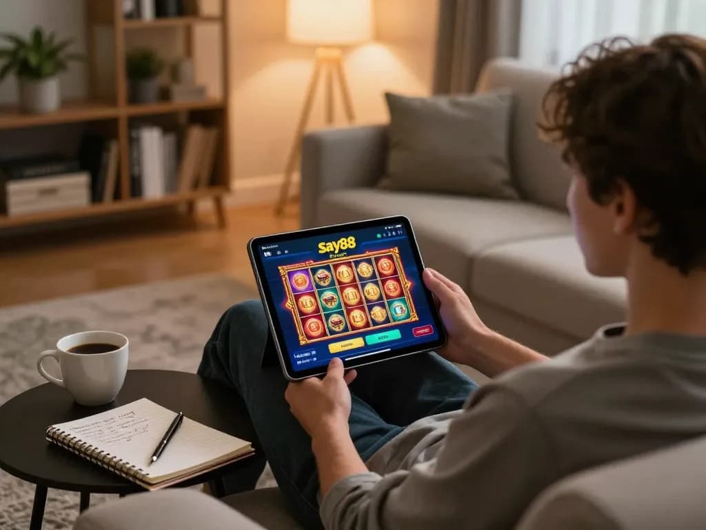 Player enjoying say88 on a tablet, cozy home setup with strategy notes and coffee, inviting gaming atmosphere.