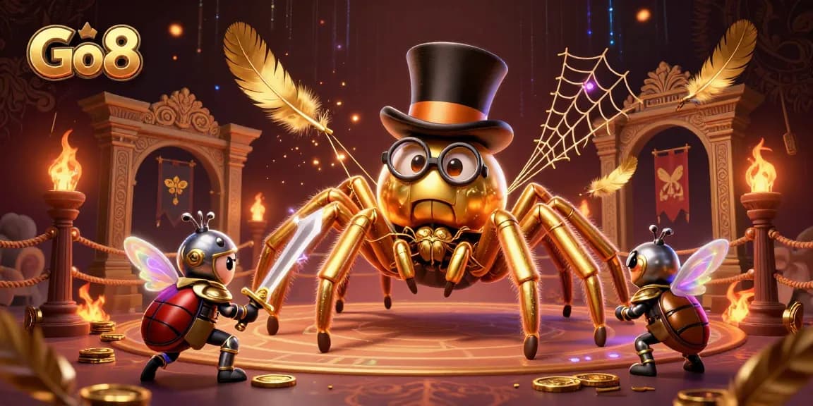 Go8 features a golden tarantula and beetle knight battling in a vibrant casino setting.