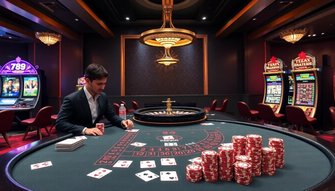 Players enjoying an exciting game at 789Win’s luxurious casino table with vibrant cards and chips.