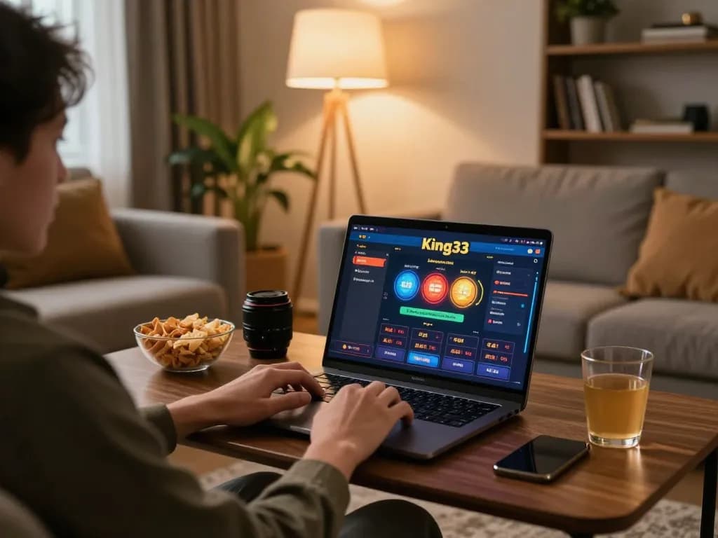 Player enjoying online gaming at King33 in a cozy home setup with snacks and drinks.