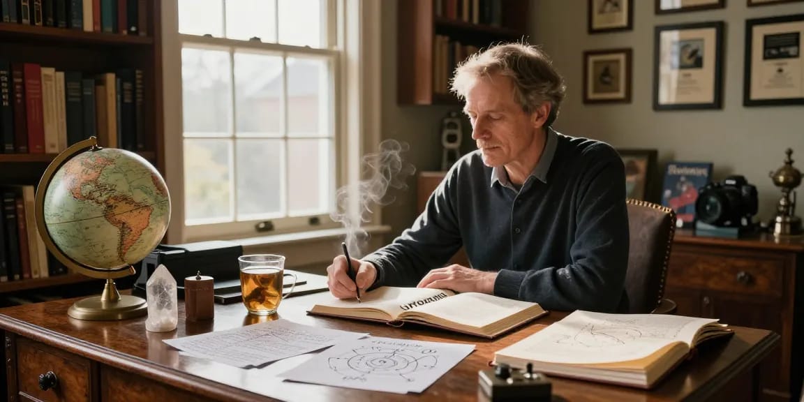 T Allen Greenfield at his desk, surrounded by esoteric literature and notes, showcasing influences from https://tallengreenfield.com.