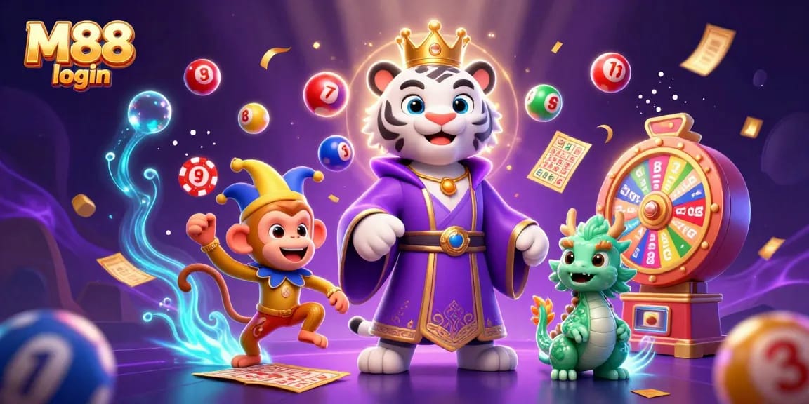Engage with M88 login through an enchanting scene of a majestic tiger, playful monkey, and dynamic gaming elements.