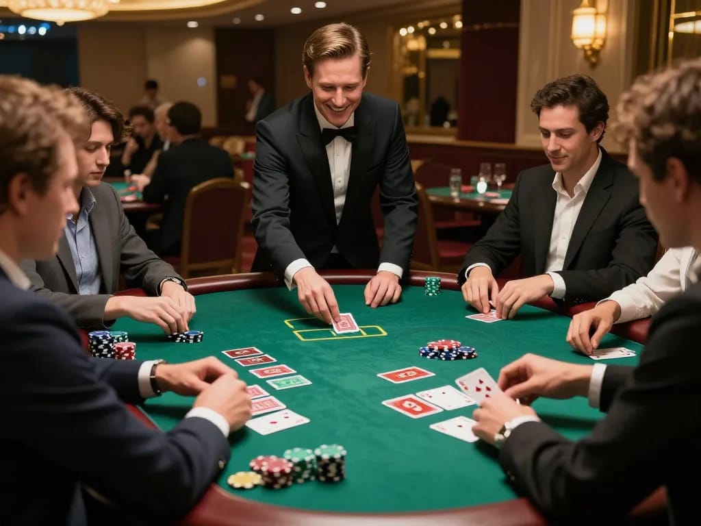 Dynamic blackjack gameplay at LC88 casino with engaged players and attentive dealer.