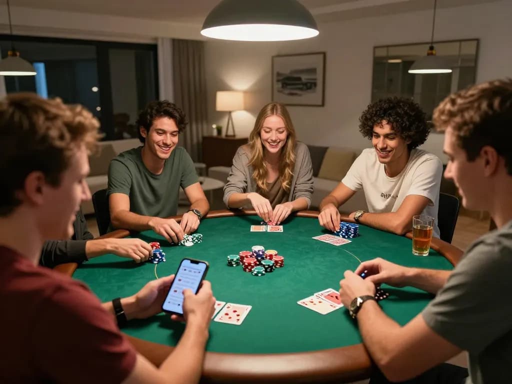 Friends enjoying a lively poker night at home, capturing the spirit of f8betlv bonding and responsible gambling