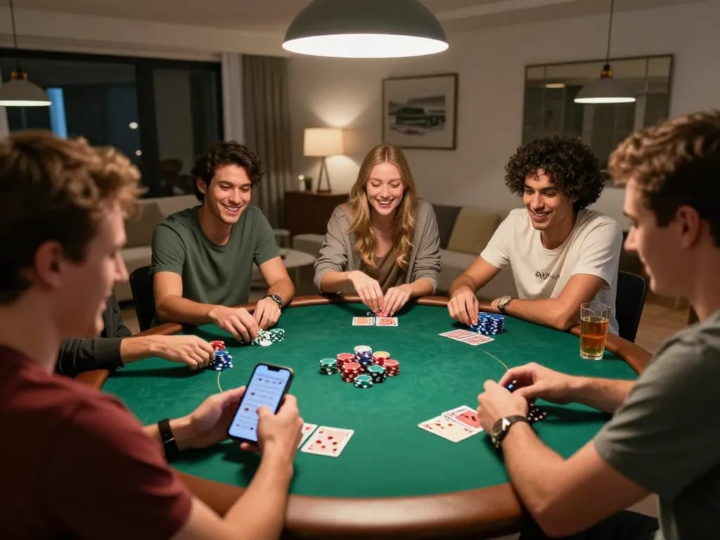 Friends enjoying a lively poker night at home, capturing the spirit of f8betlv bonding and responsible gambling