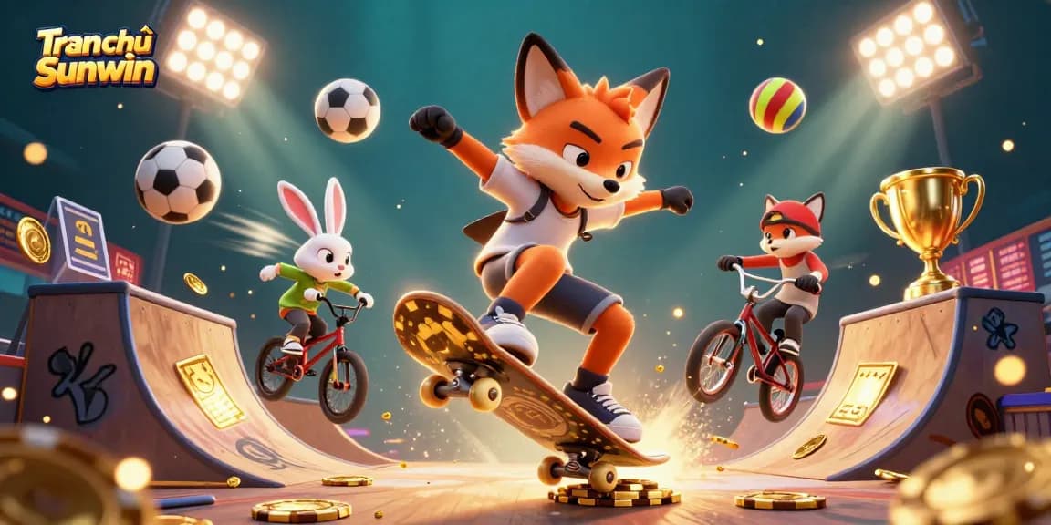 Experience thrill with Tran chủ Sunwin as the fox skater flips over poker chip ramp amidst vibrant casino elements.