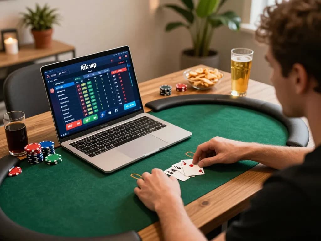 Player enjoying an immersive Rik vip online poker game on laptop, surrounded by snacks.