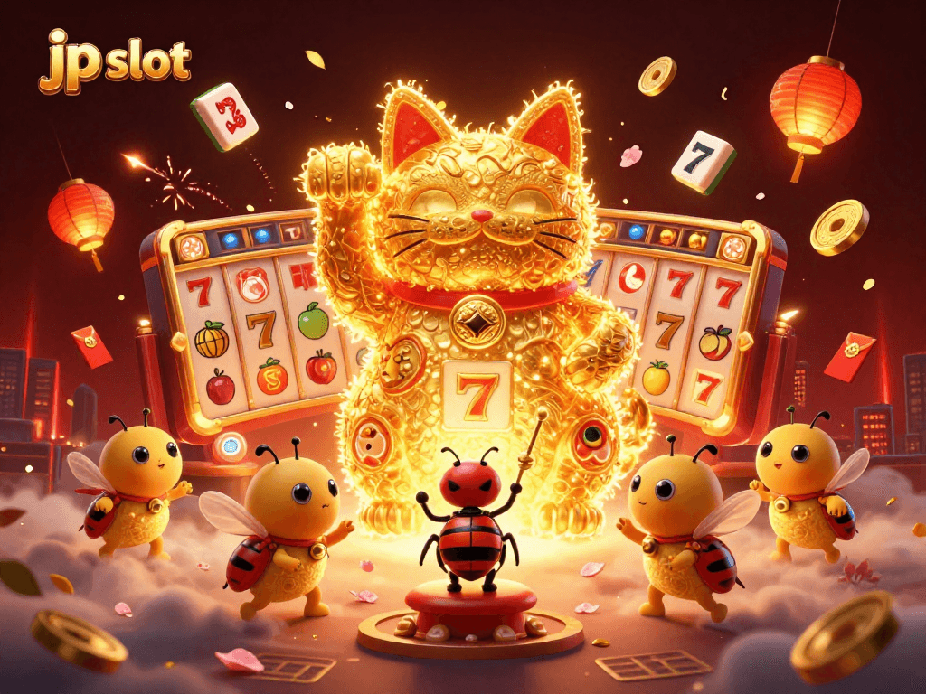 Spin big with jp slot as golden fireflies form a lucky cat amid vibrant casino symbols.