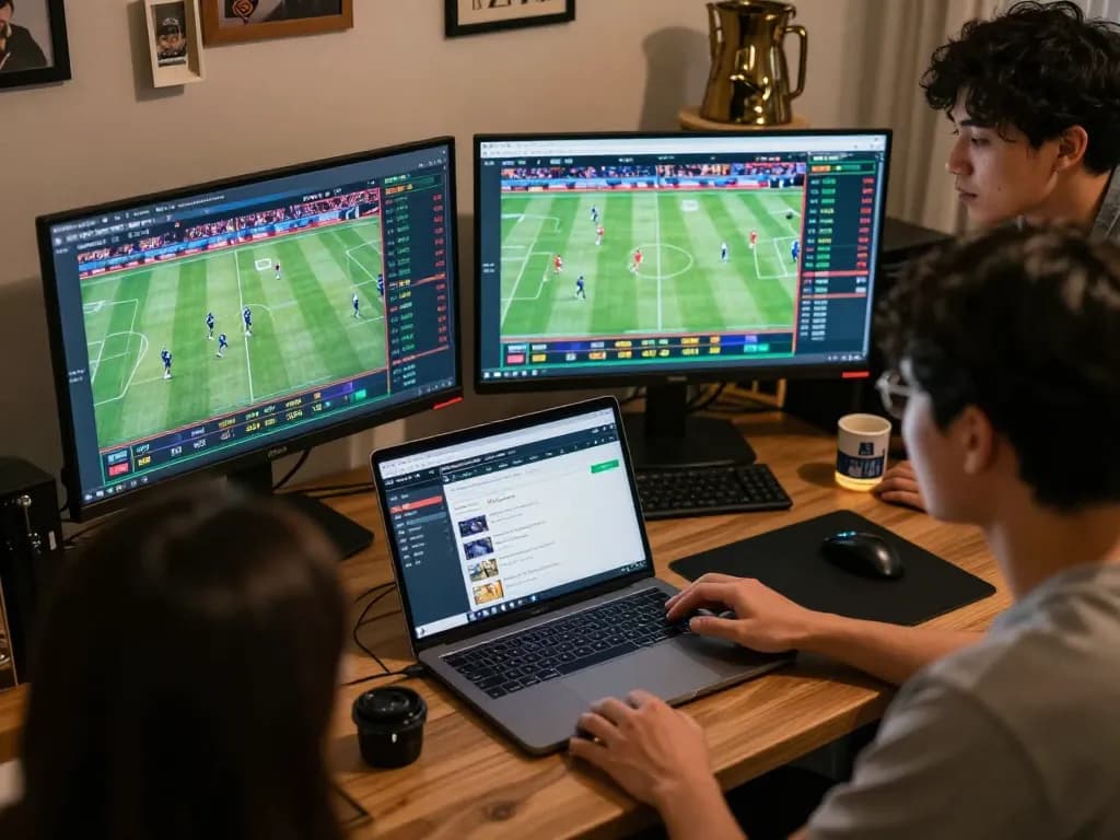 Bong88 user analyzing sports betting odds on multiple screens in a stylish home office setup.