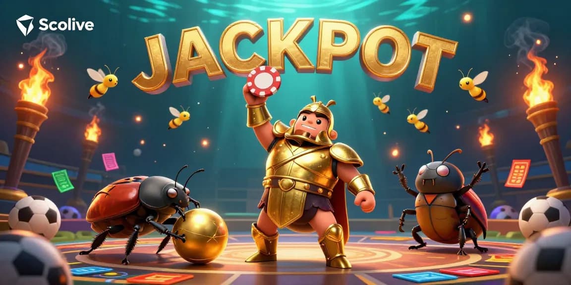 Socolive sports betting adventure featuring a cartoon hercules beetle celebrating a big win with vibrant betting slips and sports balls.