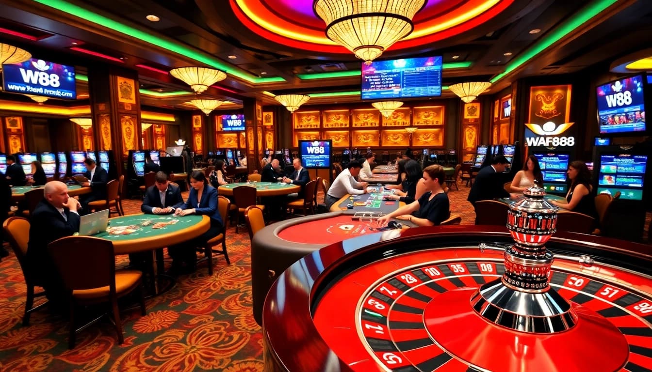 W88 players engaging in thrilling poker and casino games in a vibrant atmosphere.